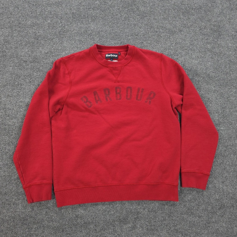 Barbour Sweatshirt Mens L Red Spellout Logo Essential Crewneck Fleece Pullover